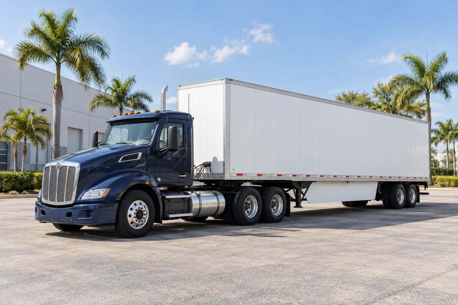 A navy tractor-trailer in a Florida industrial lot, an illustrative trucking scene
