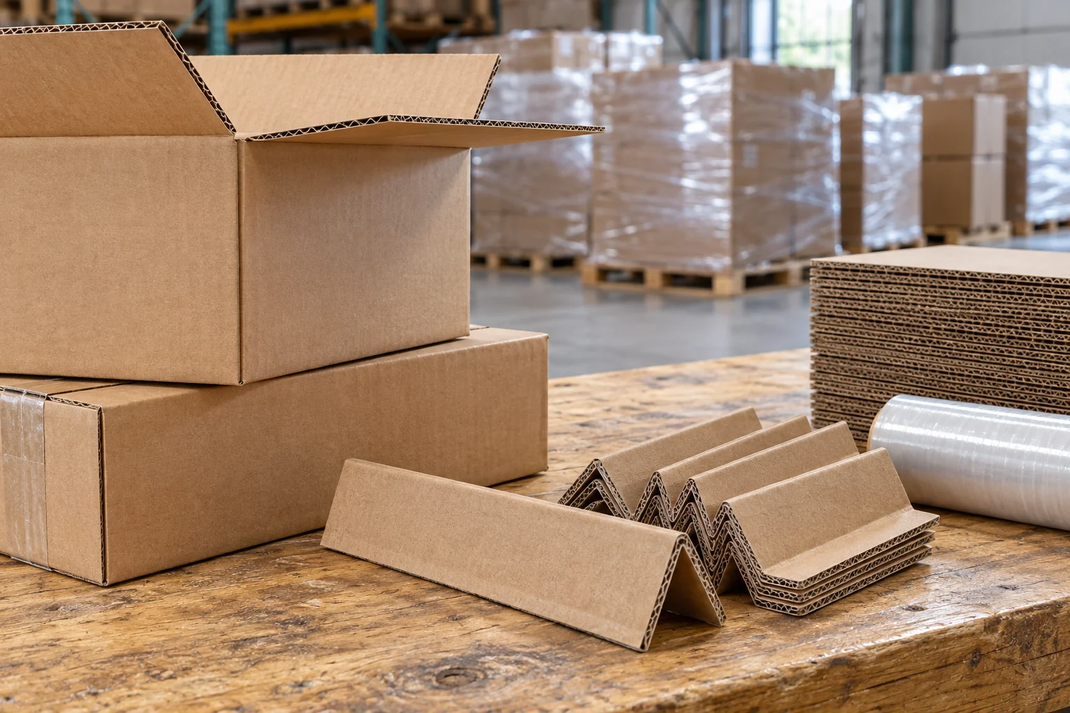 Packing materials and cartons at a warehouse table, an illustrative goods-handling scene