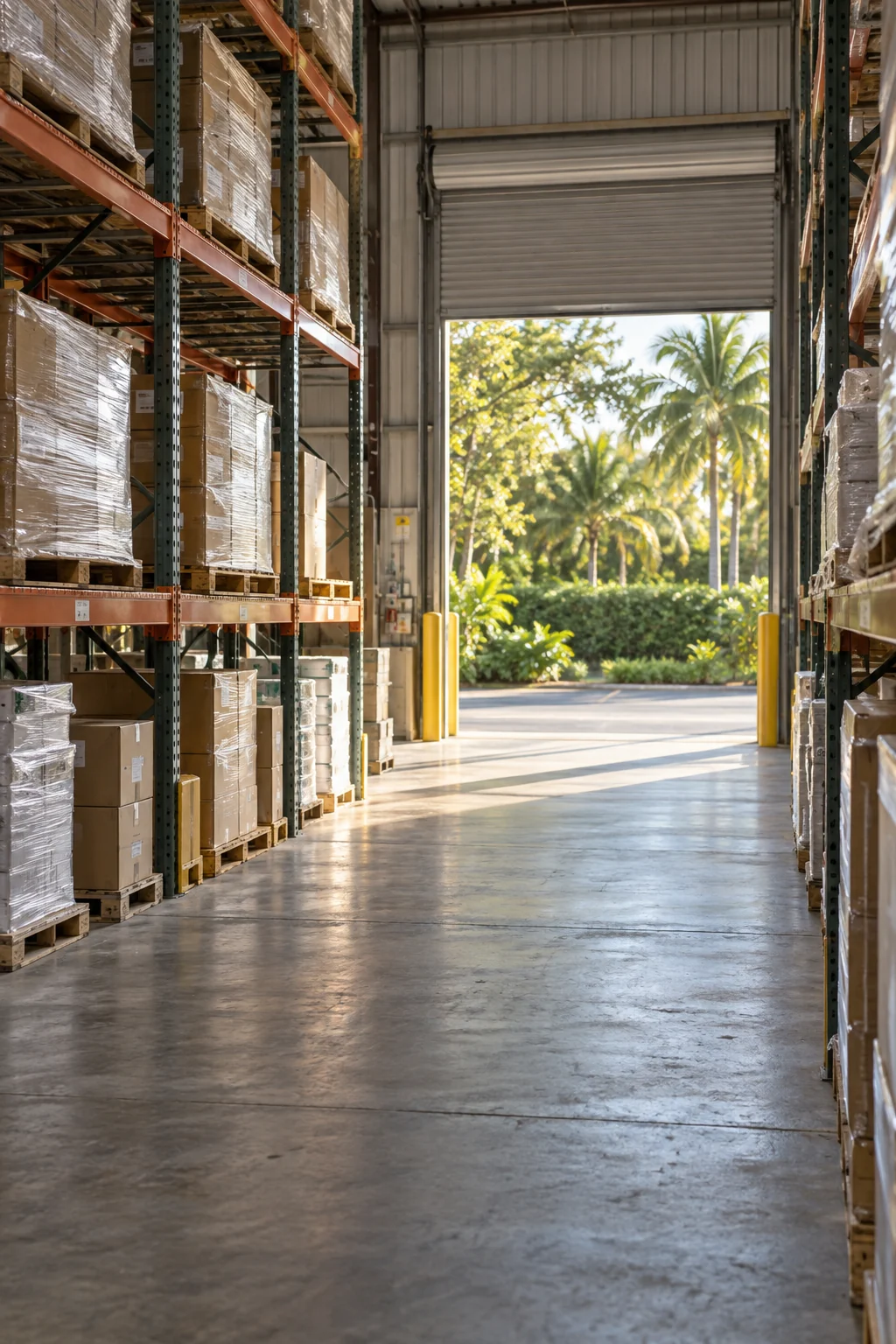 A warehouse aisle with daylight from an open loading door, an illustrative industrial scene