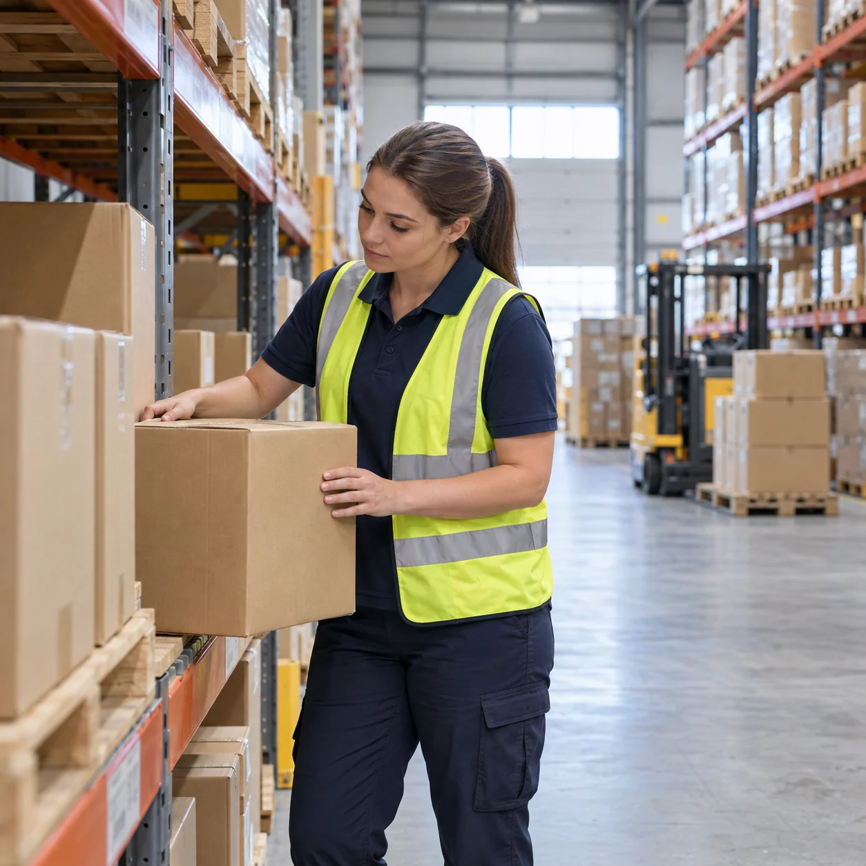 A warehouse employee checking a carton, an illustrative workplace scene